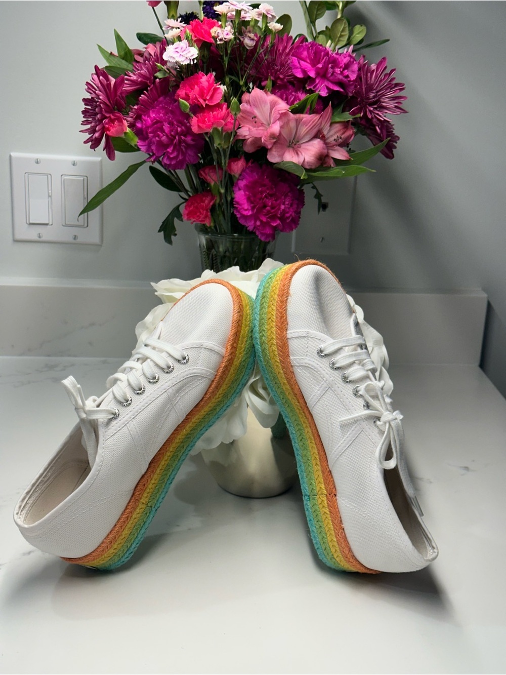 SuperGa White Canvas Sneakers with Rainbow Platform Sole size 39 1/2  US 8 1/2